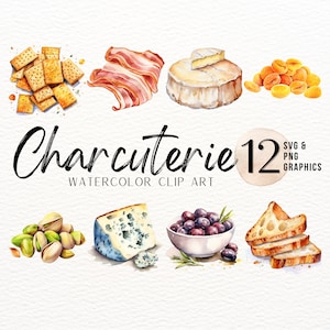 Paquete de imágenes prediseñadas de acuarela de charcutería / Paquete de gráficos de carne y queso / Queso SVG / Comida PNG / Imágenes de frutas y nueces / Diseño de sublimación