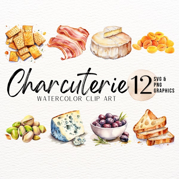 Charcuterie Watercolor ClipArt Bundle | Meat and Cheese Graphics Pack | Cheese SVG | Food PNG | Fruit and Nuts Images | Sublimation Design