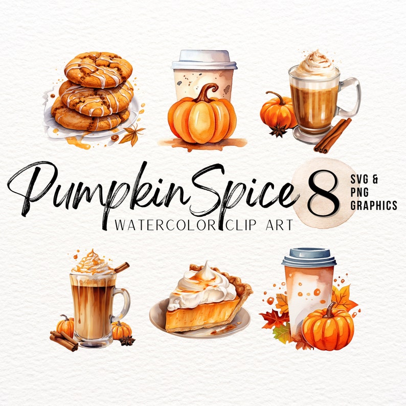 Pumpkin Spice Watercolor Clipart Bundle | Fall PNG | Coffee SVG | Fall ...