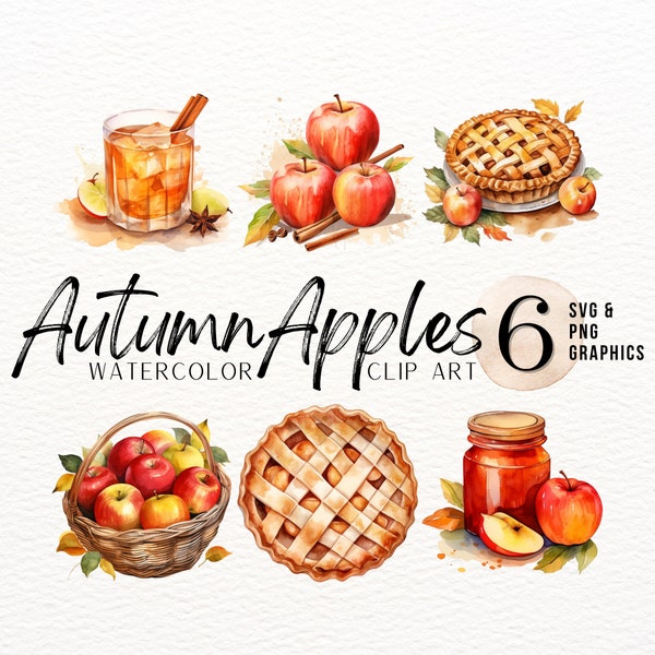 Herbst Apfel Aquarell ClipArt Bundle | Herbst PNG | Apfelkuchen SVG | Essen ClipArt | Obst Grafiken | Zimt Apfel Cider Cocktail ClipArt