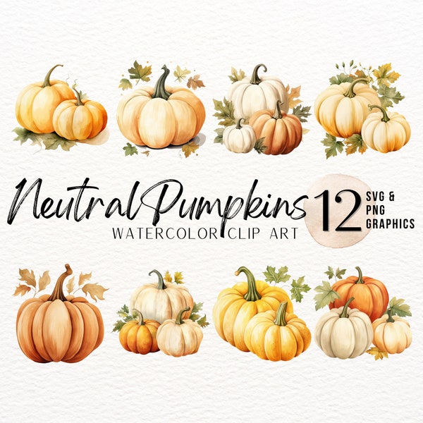 Neutral Fall Pumpkin Watercolor ClipArt Bundle | Cream Pumpkin PNG | Fall SVG | Autumn Graphics | Muted Natural Fall Art Print | Fall Decor