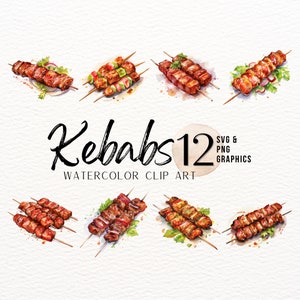Kebab Watercolor ClipArt | Meat Kabob SVG | Food PNG | Barbecue Graphic | Grilling Graphic | Commercial Use | Menu Graphics | Indian Food