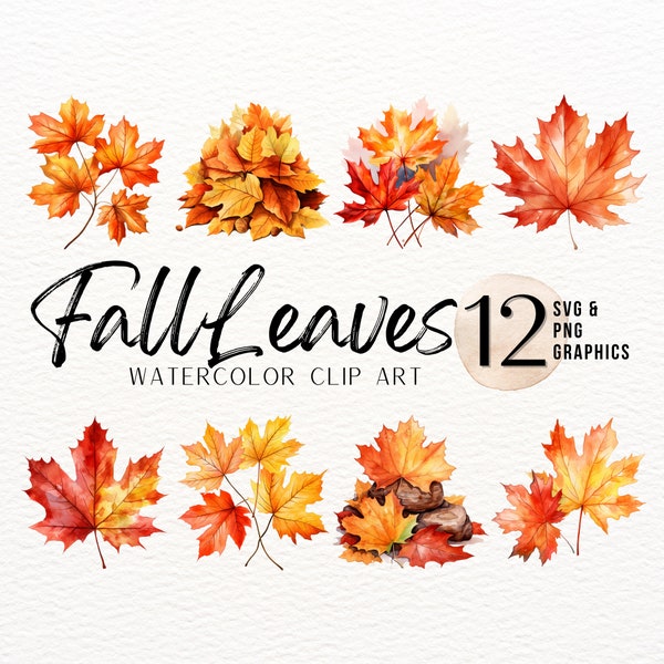 Fall Leaf Watercolor ClipArt Bundle | Orange Leaf PNG | Leaf Pile SVG | Red Leaves ClipArt | Autumn Graphics | Maple Leaf Sublimation Design