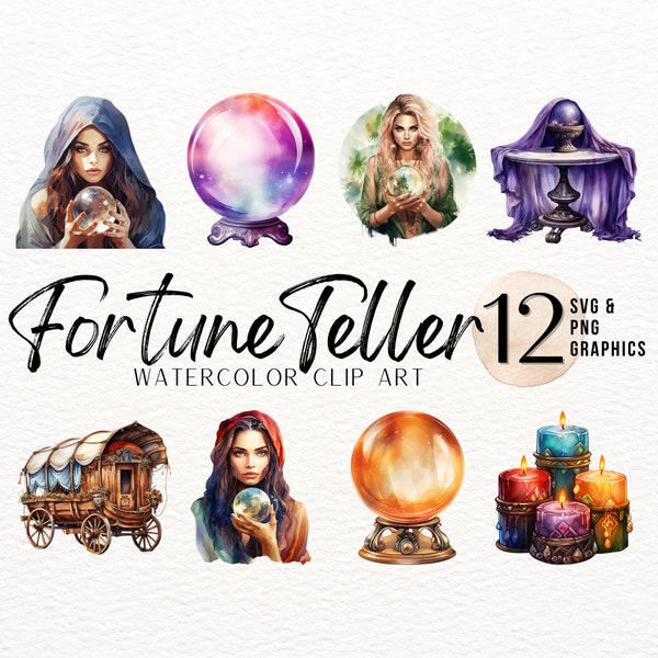 Fortune Teller Watercolor ClipArt Bundle | Magic PNG | Halloween SVG | Romani Costume ClipArt | Spooky Graphics | Halloween Junk Journal