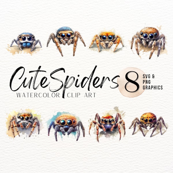 Spider Watercolor ClipArt Bundle | Cute Bug PNG | Happy Halloween SVG | Jumping Spider ClipArt | Fall Graphics | Spooky Season Junk Journal