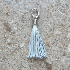 May include: A light gray leather tassel keychain featuring a silver-toned metal cap and a matching circular lobster clasp attachment. The tassel consists of multiple thin, vertical strips of leather hanging from the polished metal hardware component.