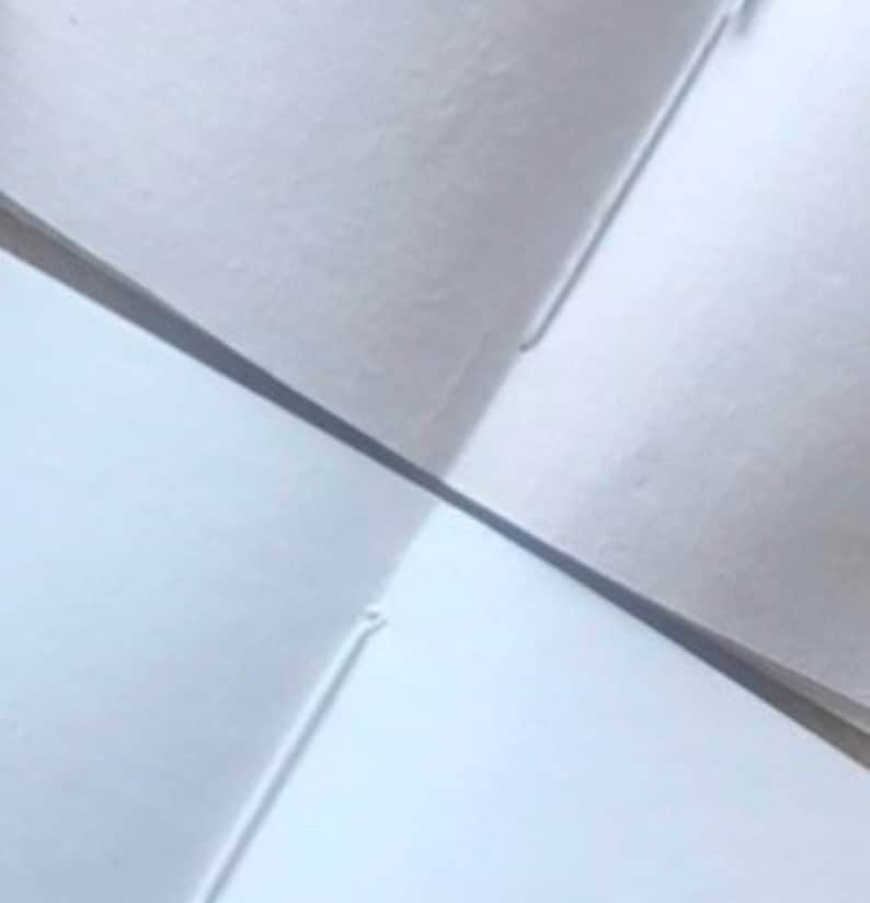 May include: Two white blank pages of a notebook, folded in half, showing the spine and the stitching along the edge.