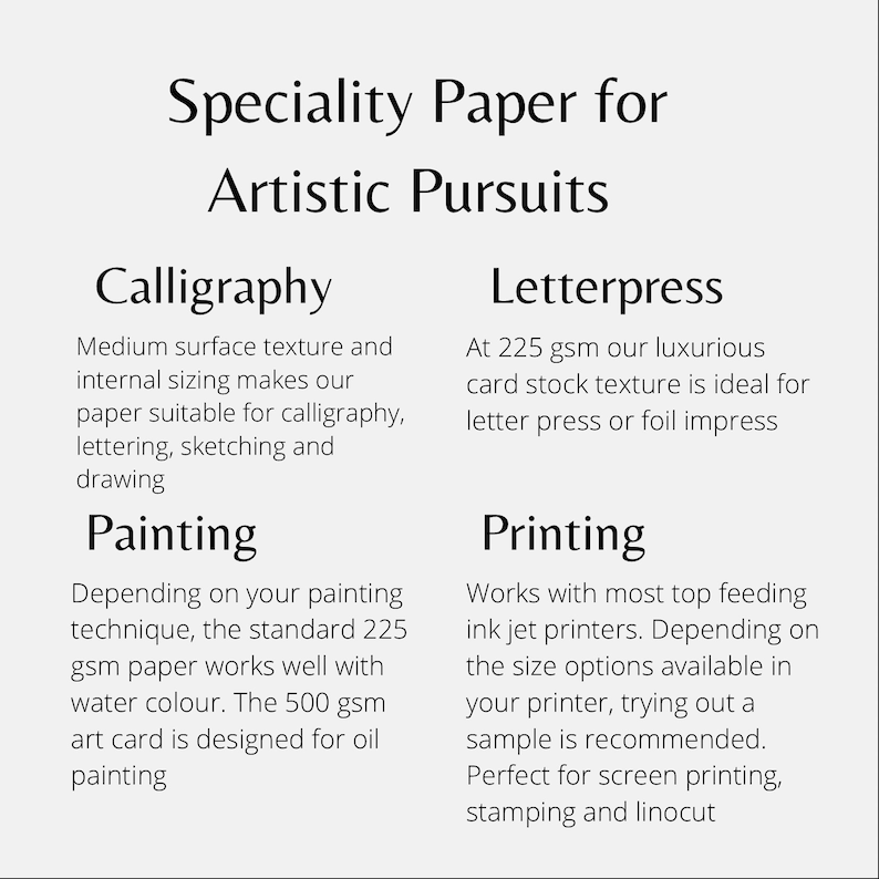 Op de afbeelding: Een gids voor speciaal papier voor artistieke bezigheden, waaronder kalligrafie, schilderen, letterpress en drukwerk. De gids somt de verschillende soorten papier en hun toepassingen op.