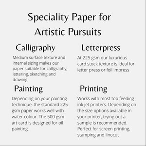May include: A guide to speciality paper for artistic pursuits, including calligraphy, painting, letterpress, and printing. The guide lists the different types of paper and their uses.