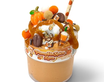 May include: A clear plastic container filled with light orange slime, topped with white slime, caramel-colored drizzle, and various charms including a plastic pumpkin, coffee beans, and a straw. The label reads Pumpkin Spice Latte.