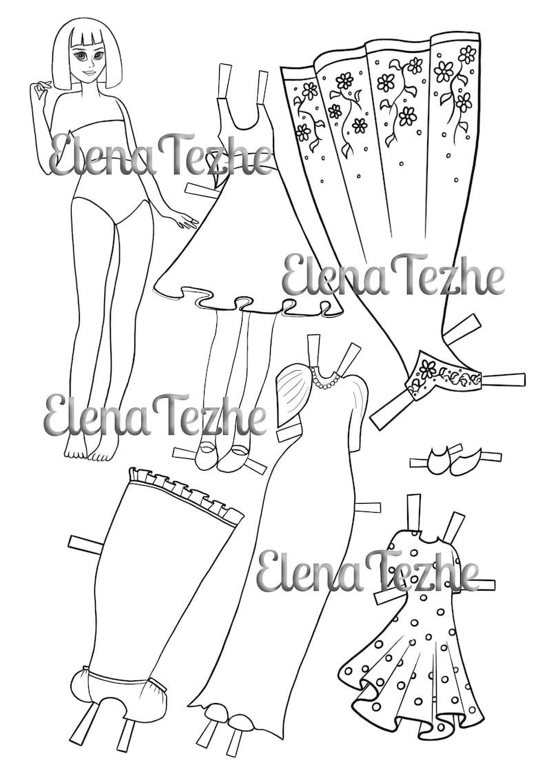 Paper Doll Coloring Pages Printable Digital Download, Printable Gift