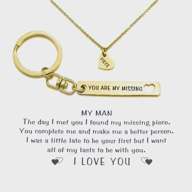 Belle Fever gold couple’s set with necklace and puzzle piece keyring, engraved “You are my missing piece” — styled for anniversary or long-distance gift.