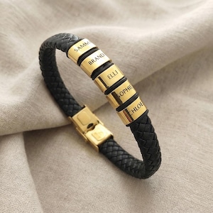 Gepersonaliseerde Leren Armband, Armband met Gegraveerde Naam Bedels, Unisex Sieraad