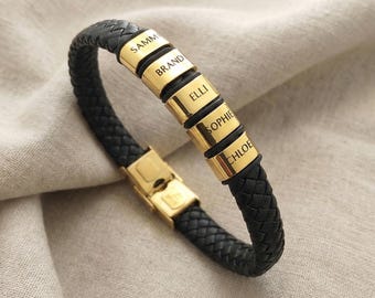 Personalized  Leather Bracelet, Custom Engraved Name Charm Wristband, Unisex Jewelry