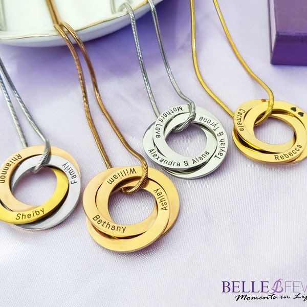 Belle Fever Interlinked Family Love Circles Personalised Necklace | Celebrate Family Bonds | Inscriptions on Front and Back | Various Tones
