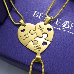 Personalised Puzzle Heart Necklace – Custom Engraved TRIPLE Pendant – Gift for Mum, Family or Friends - 3 Puzzle Necklaces