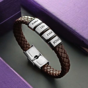 Custom Engraved Brown Leather Bracelet – Personalised Men&#39;s Gift, Adjustable Wristband, Name Bar Jewellery, Handmade Anniversary Present