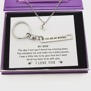 Belle Fever matching necklace and keyring gift set displayed on “You are my missing piece” quote card inside purple gift box — custom engraved and ready to gift.