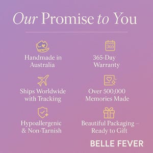Belle Fever handmade jewellery guarantee — includes 365-day warranty, hypoallergenic materials, worldwide shipping, and beautiful gift-ready packaging.