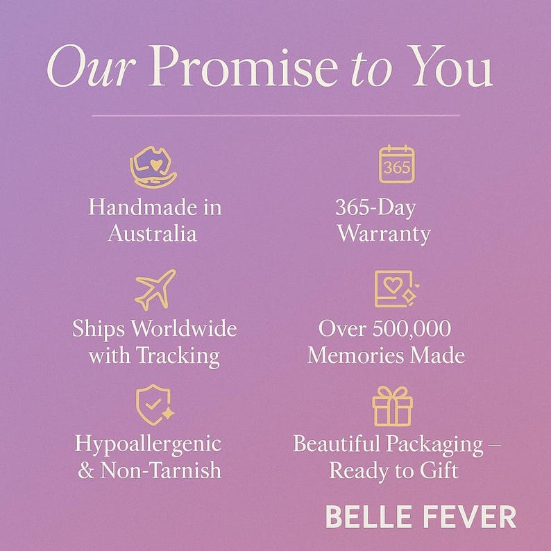 Belle Fever handmade jewellery guarantee — includes 365-day warranty, hypoallergenic materials, worldwide shipping, and beautiful gift-ready packaging.