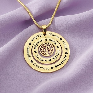Family Tree Name Necklace, Custom Engraved Double Circle Pendant, Personalized Gift for Mom or Grandma