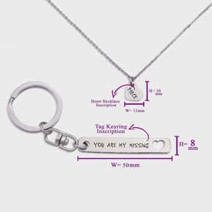 Belle Fever close-up of heart necklace and puzzle piece keyring with full measurement guide — showing size and engraving placement for customisation.