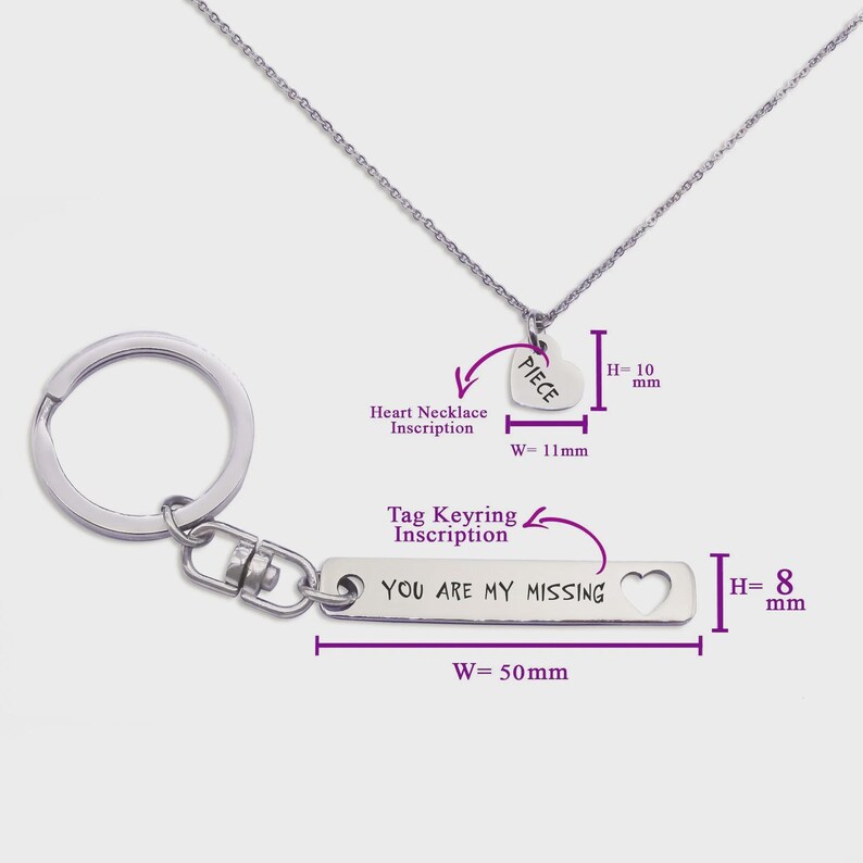 Belle Fever close-up of heart necklace and puzzle piece keyring with full measurement guide — showing size and engraving placement for customisation.