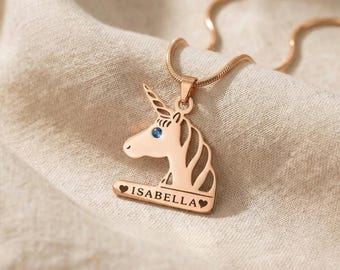 Collar Cabeza de Unicornio Personalizado con Nombre Grabado & Piedra de Nacimiento, Regalo para Niñas