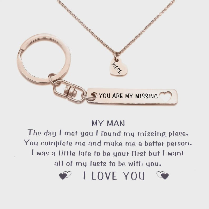 Belle Fever rose gold missing piece necklace and keyring set displayed with heartfelt card message