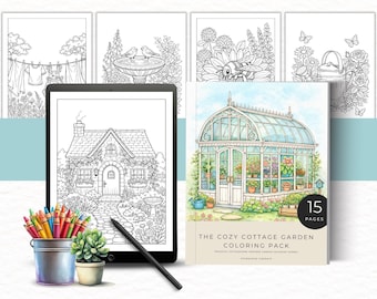 Può includere: Un tablet digitale che mostra una scena di cottage in arte lineare, uno stilo, un secchiello di matite colorate, una pianta grassa e un libro da colorare intitolato The Cozy Cottage Garden Coloring Pack da 15 pagine.
