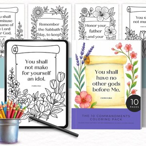 Peut inclure: Un pack de coloriage numérique comprenant dix pages des Dix Commandements. Chaque page affiche un parchemin avec du texte et des illustrations florales. Un seau en métal rempli de crayons de couleur et un stylet noir accompagnent la couverture.