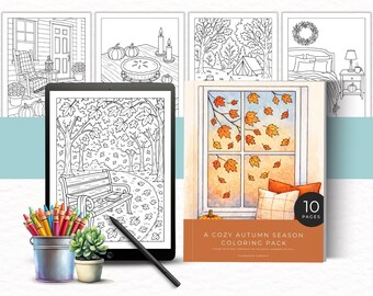 Puede incluir: Un paquete de colorear digital con 10 páginas de ilustraciones con temática otoñal. El conjunto incluye una tableta que muestra una escena de parque, un lápiz óptico, un cubo de lápices de colores, una pequeña suculenta y una portada.