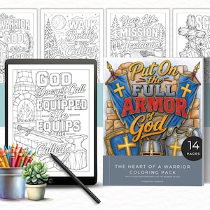 Peut inclure: Un pack de coloriage intitulé "Le cœur d'un guerrier" avec 14 pages, présentant des citations et des illustrations inspirantes. Comprend une tablette affichant une page à colorier, des crayons de couleur et une plante succulente. La couverture du pack indique "Mettez l'armure complète de Dieu."