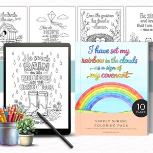 Puede incluir: Una colección de páginas para colorear con temática primaveral y una tableta con un lápiz óptico. La portada del libro para colorear presenta un arcoíris y el texto "I have set my rainbow in the clouds". Otras páginas incluyen citas e ilustraciones inspiradoras.