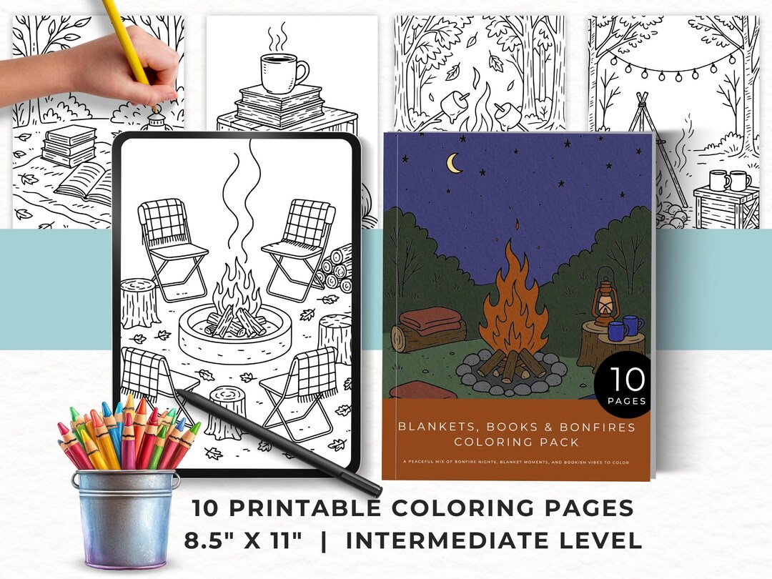 Blankets Books and Bonfires Coloring Book, Cozy Fall Campfire Scenes ...