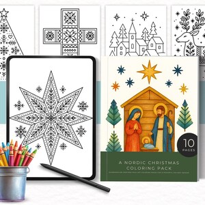Een Scandinavisch kerstkleurboek, Scandinavische volkskunstillustraties, hygge-vakantiescènes, minimalistische kerstprintables, gemiddeld