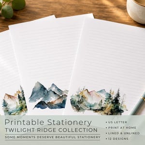 Printable Stationery, Watercolor Mountains Writing Paper, Lined Letter Paper, Penpal Stationery, Digital Download, Twilight Ridge Collection