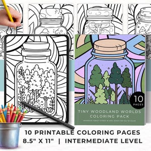 Tiny Woodland Worlds Coloring Pages, Forest Jar Printable Coloring Book, Calming Nature in Jars Coloring, Digital Coloring Sheets for Adults