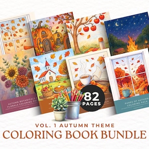 May include: A digital coloring book bundle featuring an autumn theme with 82 pages. The collection includes multiple illustrated covers showing scenes of pumpkin houses, fall foliage, a campfire, a church, floral arrangements, and cozy coffee settings.