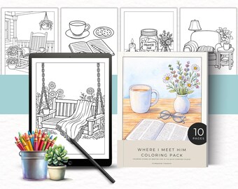 Christian Women Coloring Pages, Where I Meet Him Coloring Book, Cozy Faith Coloring Pack, Printable Christian Lifestyle Scenes, Intermediate