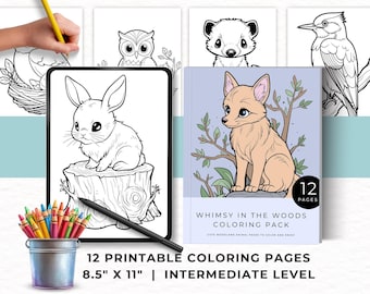 Pacchetto da colorare "Whimsy in the Woods", libro da colorare stampabile con graziose creature del bosco per adulti e bambini, disegni di animali del bosco da colorare