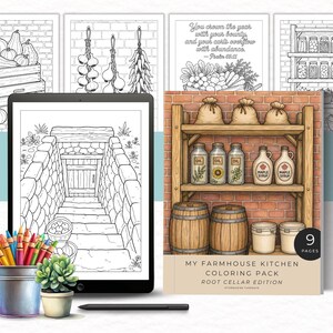 May include: A digital coloring pack titled My Farmhouse Kitchen Coloring Pack Root Cellar Edition with 9 pages. The set includes a tablet displaying a line art drawing of a stone cellar entrance, a metal bucket of crayons, a succulent, and a stylus.