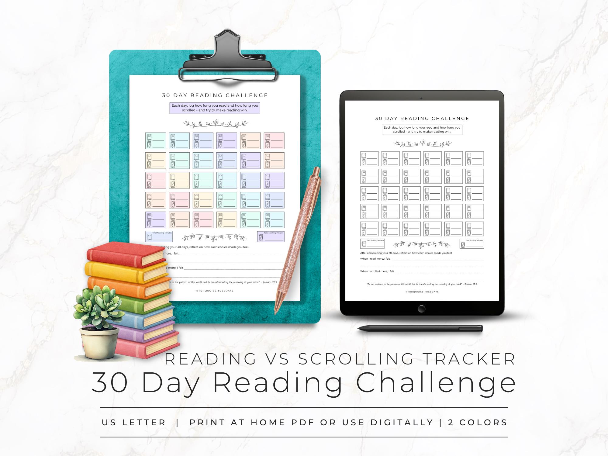30 Day Reading Challenge Printable, Screen Time Tracker, Scroll Less ...