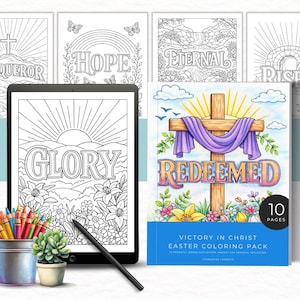 May include: An Easter-themed coloring pack with a digital tablet, colored pencils, and a small succulent. The coloring book cover features a cross with the word "Redeemed". The tablet displays the word "Glory". Additional coloring pages with words like "Conqueror" and "Hope" are visible.