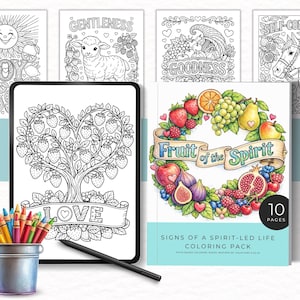 May include: A coloring pack with the text "Fruit of the Spirit" and "Signs of a Spirit-Led Life Coloring Pack". The image includes a tablet with a coloring page, a pencil holder with colored pencils, and four other coloring pages.