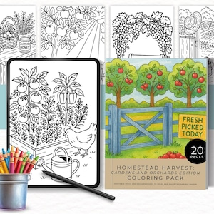 Homestead Harvesting: Gardens and Orchards Edition Coloring Book, Cozy Autumn Coloring Pages, Fruit and Veggie, Intermediate Coloring Sheets