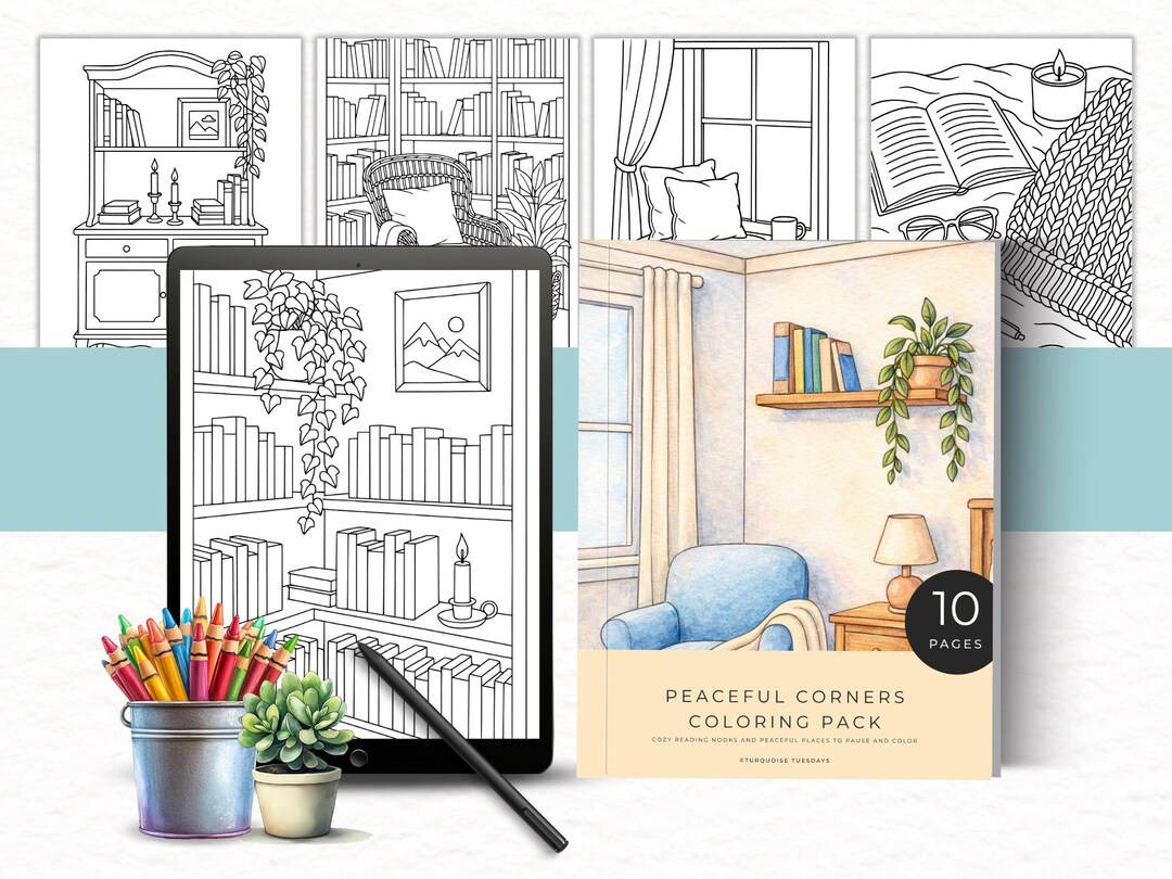 Peaceful Corners Coloring Pages, Cozy Reading Nook Printable Pack, 10 ...