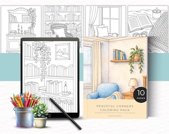 Peaceful Corners Coloring Pages, Cozy Reading Nook Printable Pack, 10 Relaxing Interior Scenes to Color for Adults, Intermediate Coloring