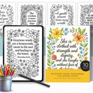 Páginas para colorear de versículos bíblicos de Proverbios, libro para colorear cristiano imprimible, paquete de flores para colorear para mujeres, basado en la fe, nivel intermedio