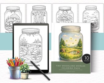 May include: A digital coloring pack featuring a tablet displaying a line art drawing of a creek in a jar, a stylus, a metal bucket of crayons, a succulent, and a book titled Tiny Woodland Worlds Coloring Pack with 10 pages.